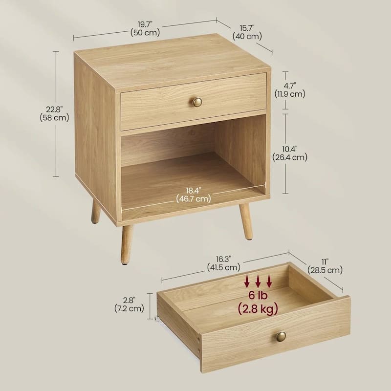 Mid Century Modern 1 Drawer Nightstand with Open Shelf Pinewood Legs
