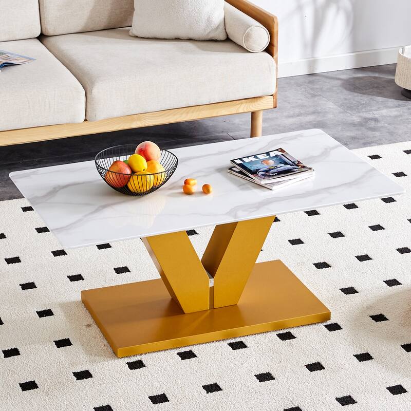 A modern minimalist style coffee table. Transparent tempered glass tabletop with wooden MDF columns