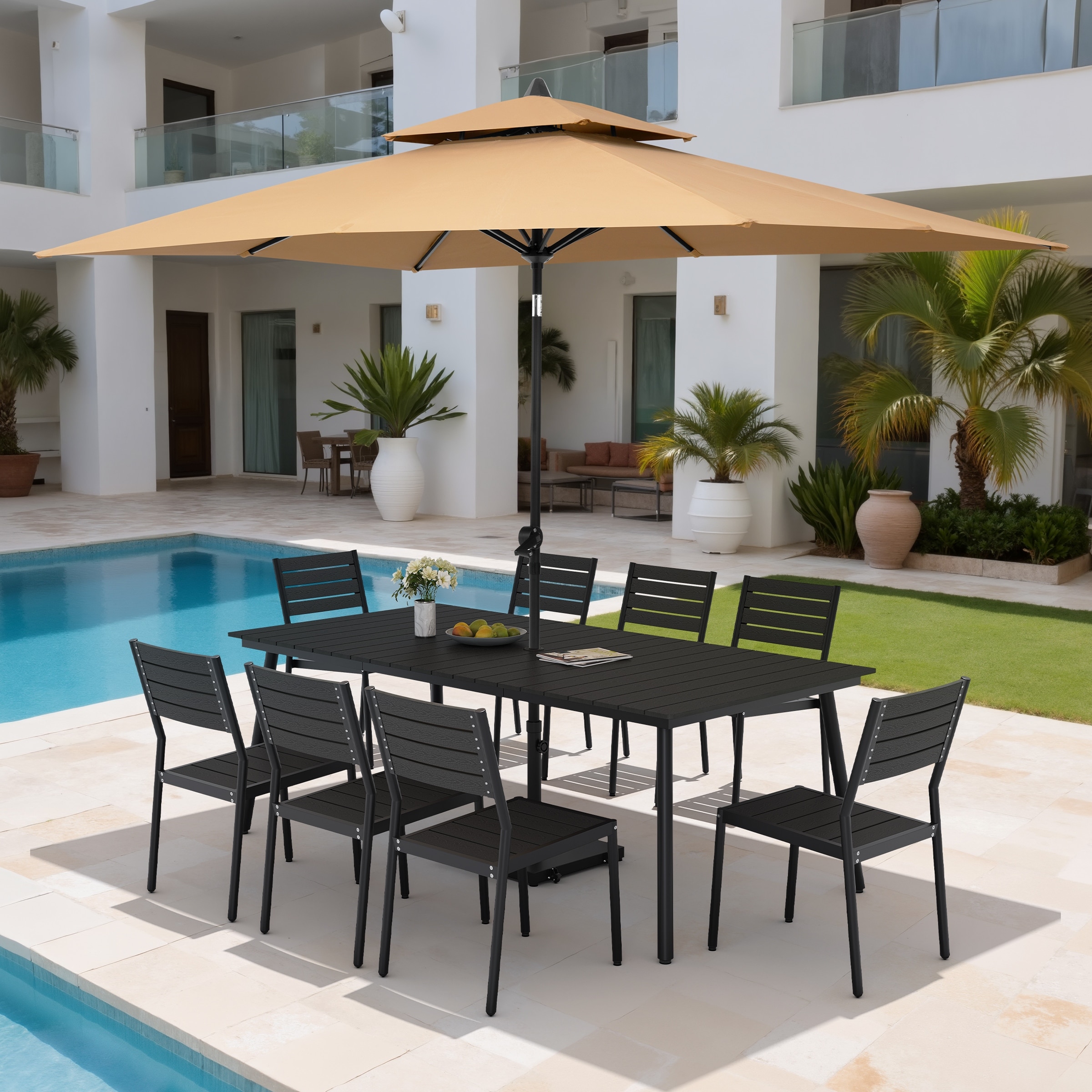 11PC Outdoor Patio Dining Set Wood-Like Aluminum Table with Stackable Chairs,Double Top Market Umbrella and Wheel Base