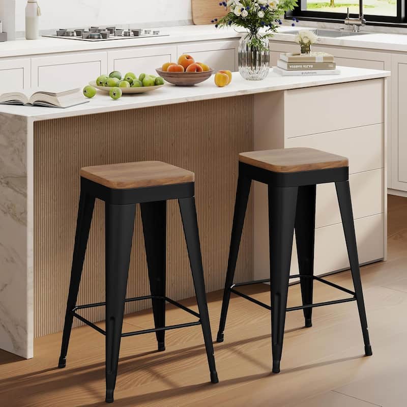 Counter Stools with Metal Frame Backless Counter Height Bar stools 24" Seat Height Kitchen Bar Furniture Stools with Wooden Seat - Set of 2 - Black