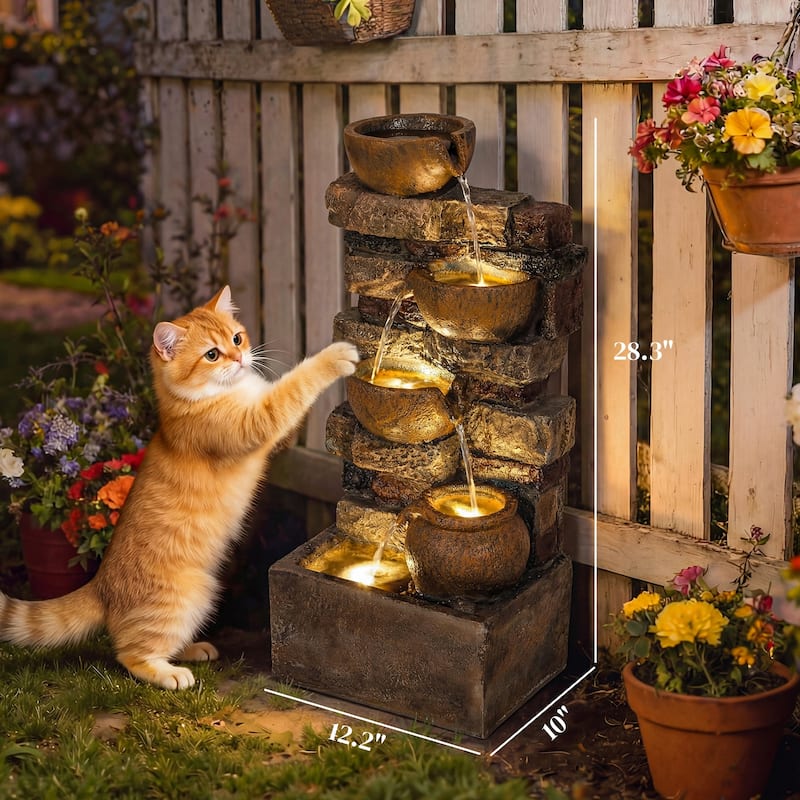 Outsunny 28" Outdoor Fountain with 5-Tier Rustic Jugs and Rock, Cascading Waterfall with LED Lights, Adjustable Flow