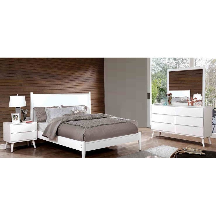 Mid-Century Modern White Wash Solid Wood 4 Piece Bedroom Set Bed Nightstand Dresser Mirror