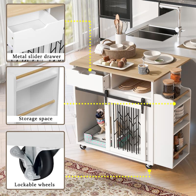 Farmhouse Dog Crate Kitchen Island with Drop Leaf, Pet-Friendly End Table Mobile Kitchen Cart with Storage