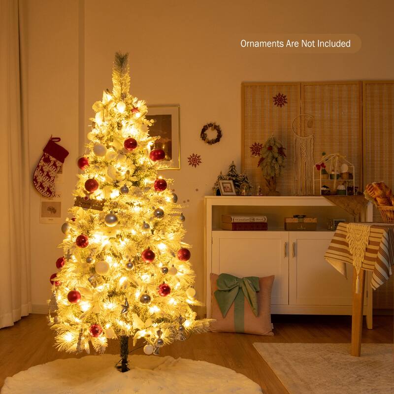 Gymax 5/6/7/8 FT Pre-Lit Artificial Snow-Flocked Christmas Tree Hinged - See details