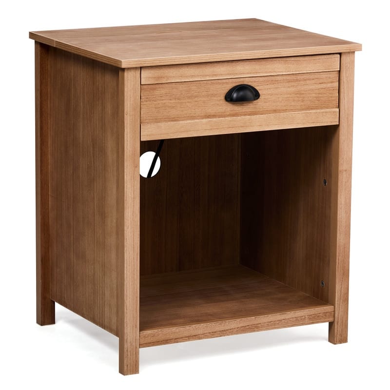 Oak-Colored Nightstand With 1 Drawer And Lower Shelf P2 MDF + Solid Wood Veneer Frame Mid-Century Modern Style 1 Piece