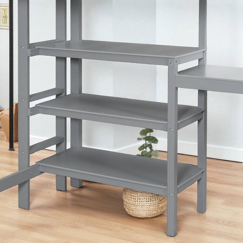 Twin Size Wooden Loft Bed with Desk, Shelves and Writable Board, Space Saving Work and Sleep Station