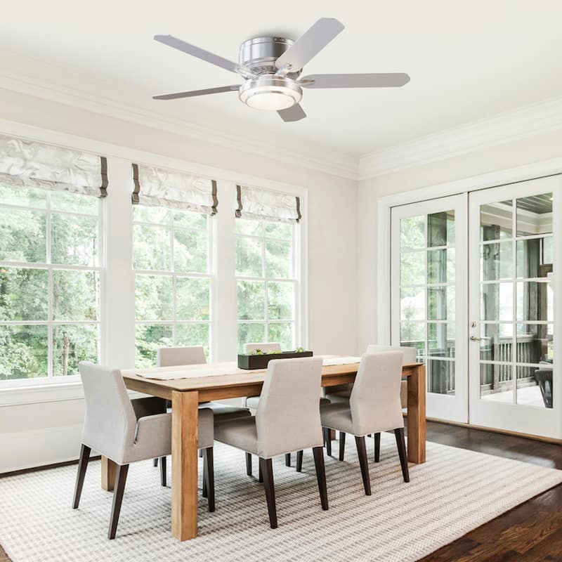 52" Modern Brushed Nickel 5-blade Flush Mount Ceiling Fan with Light and Remote
