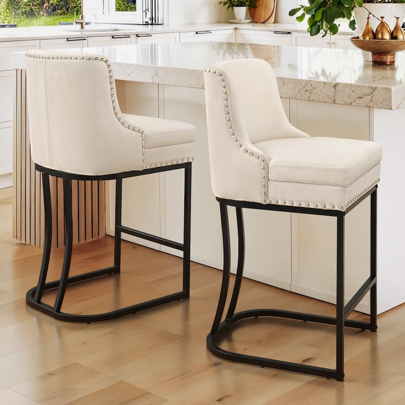 26" Modern Metal Barstools Set of 2 Upholstered Counter Height Bar stools with Back and 6" Thick Cushion for Kitchen Island - Champagne/Fabric