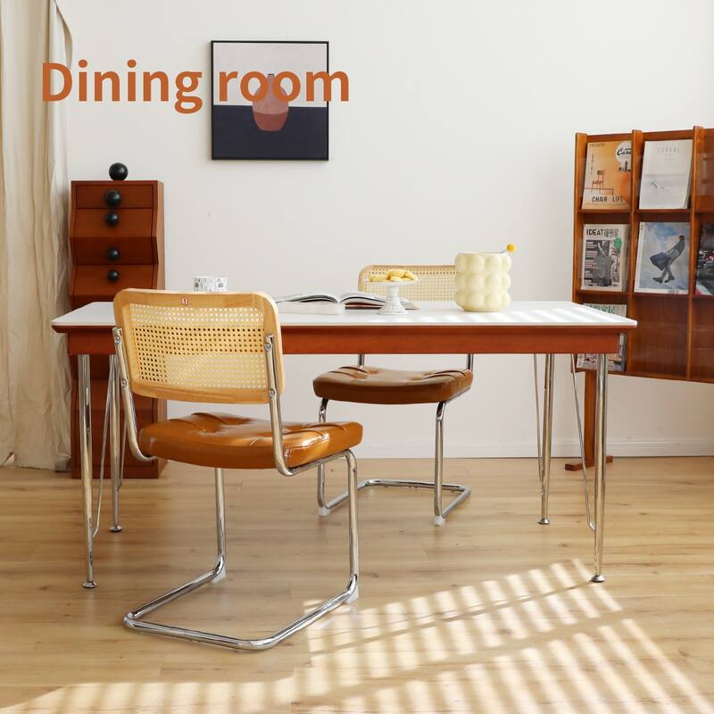Dining Chairs Set of 2, Fauex Leather Rattan Side Accent Chairs with Chrome Legs, Modern Mid Century Breuer Designed Chairs