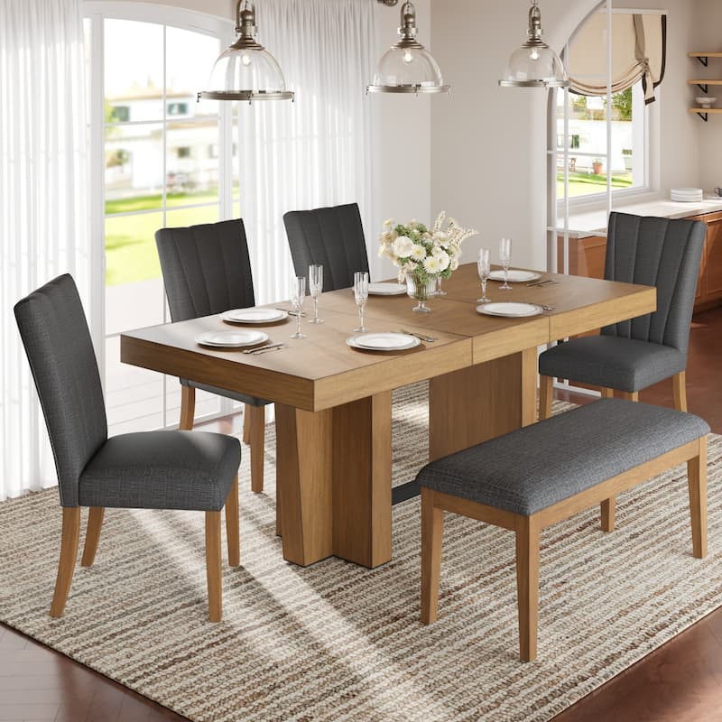 6-Piece Extendable Dining Set with Removable Leaf, Wood Kitchen Table Set with Bench and 4 Upholstered Chairs