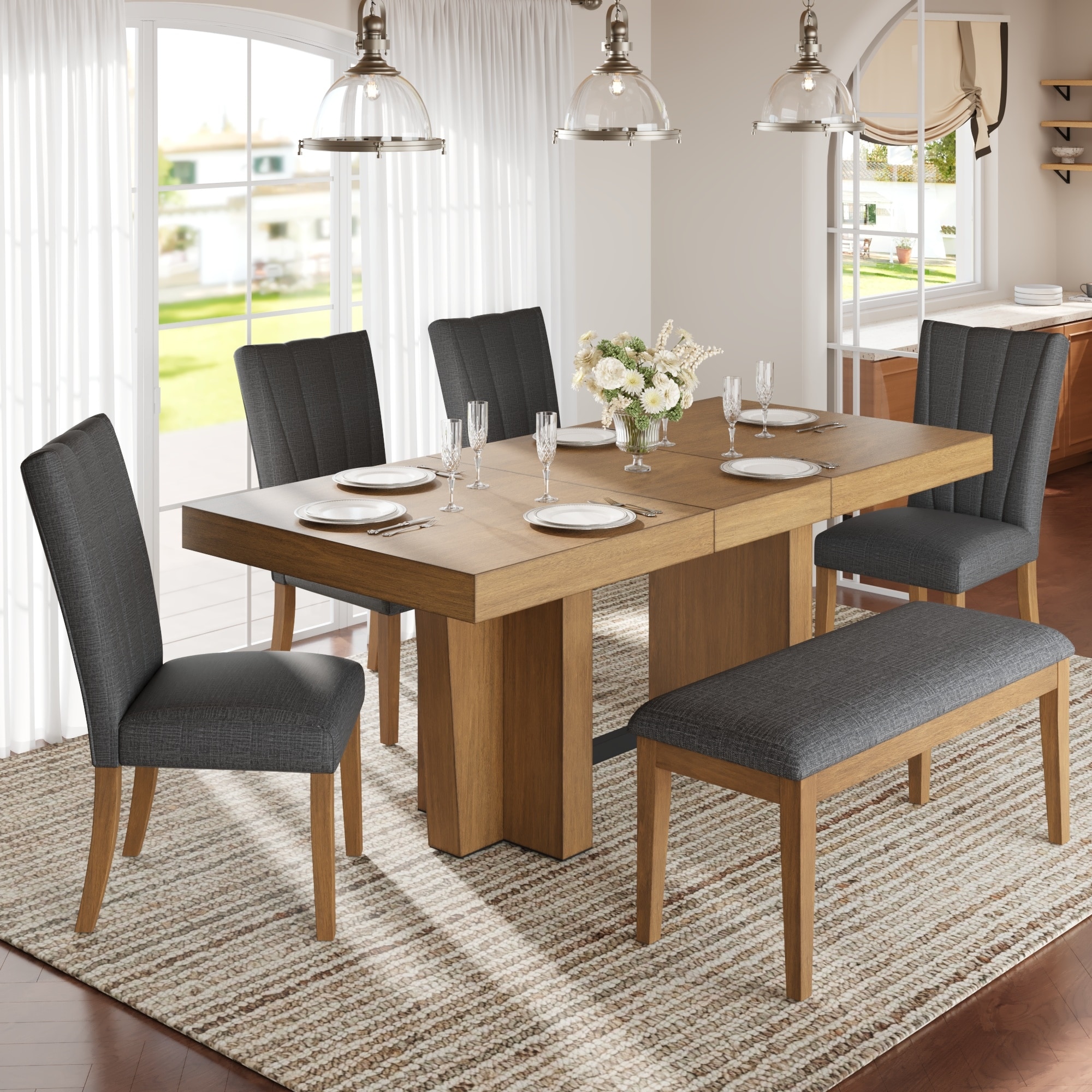 Farmhouse 6-Piece Extendable Solid Wood Dining Table Set with Upholstered Chairs and Padded Bench for Families