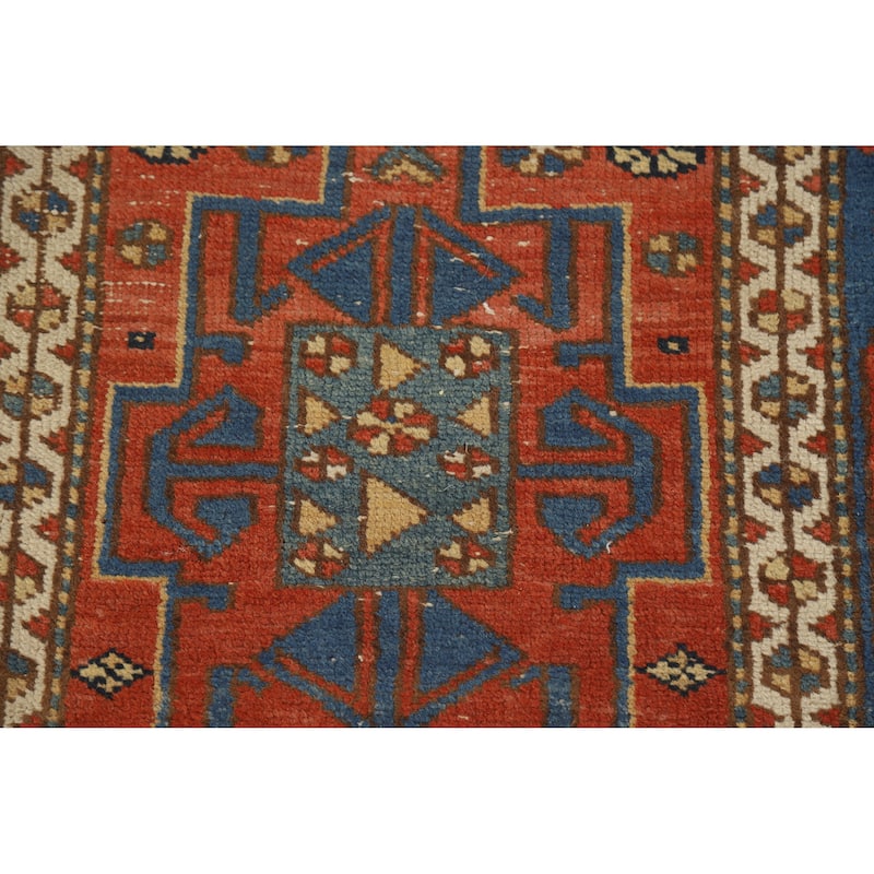 Hand Knotted Oriental 100% Wool Carpet Traditional Geometric Oranges & Rust Heriz (serapi) Runner Rug - 12' 7'' X 2' 10''