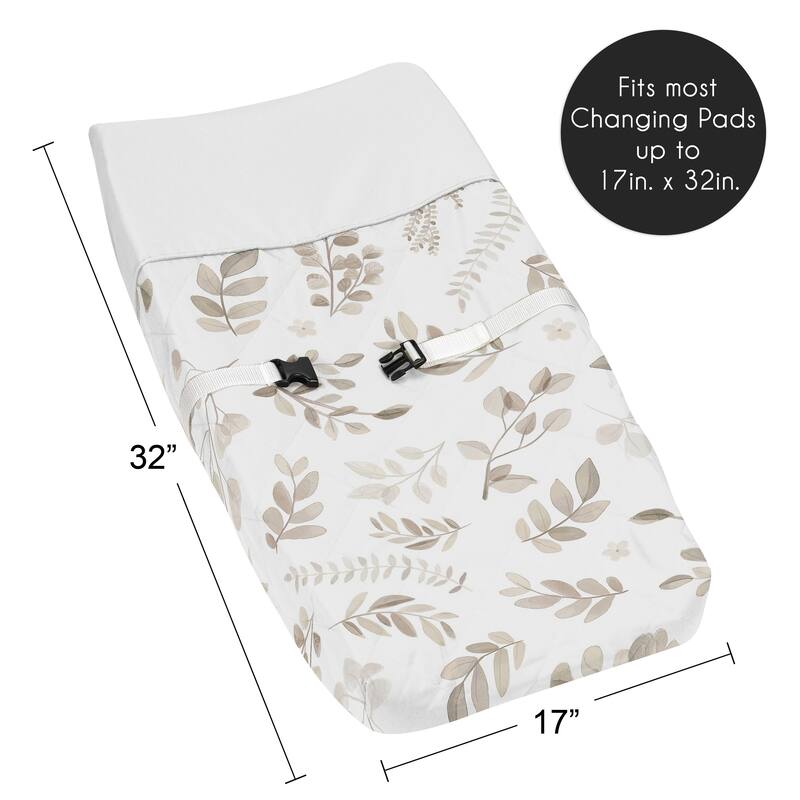 Floral Leaf Boy Girl Changing Pad Cover - Ivory Cream Beige Taupe White Gender Neutral Boho Watercolor Botanical Flower Woodland