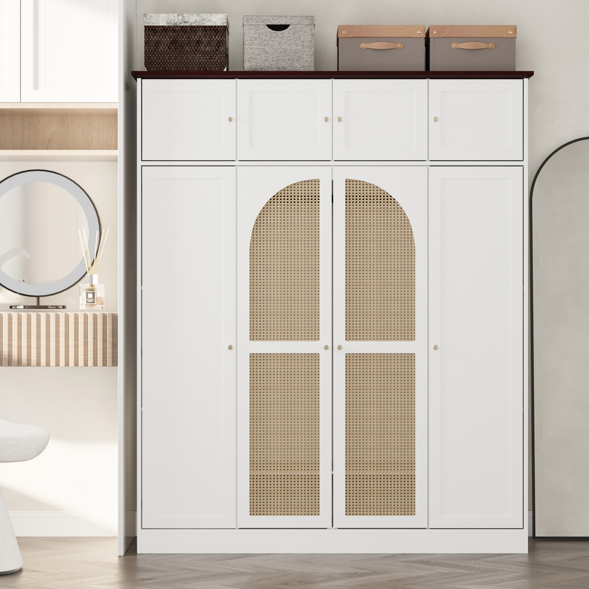 Rattan Decorative Doors Wardrobe Closet with Hanging Rod & Shelves, Large Capacity Armoire Clothing Storage Cabinet