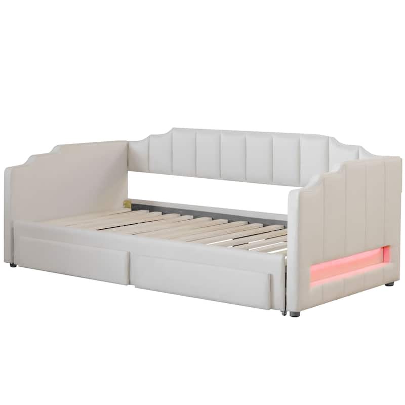 Extendable Twin XL to King Upholstered Daybed with Storage Drawers and LED Light, Beige