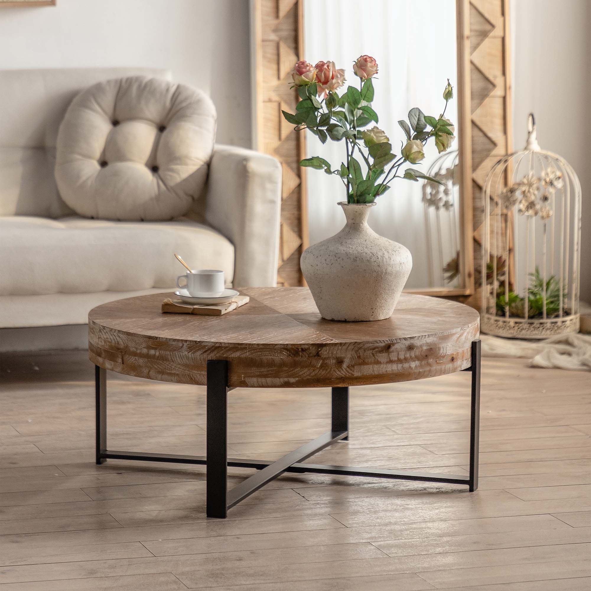 Modern Retro Splicing Round Coffee Table with Cross Legs Metal Base Bed Bath Beyond 37284729