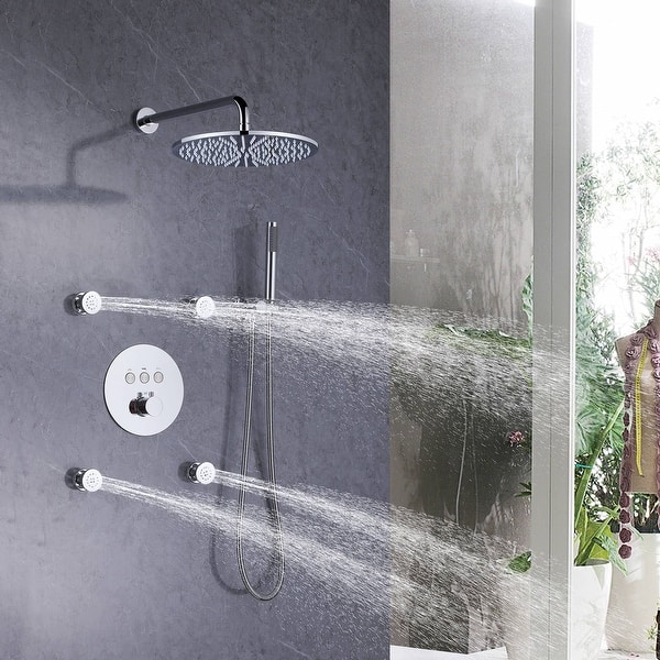 dimension image slide 2 of 4, Thermostatic Shower System With Rough-in Valve Wall Mount Shower Faucet With Body Jet And Hand Shower 12 Inch Shower Head Set