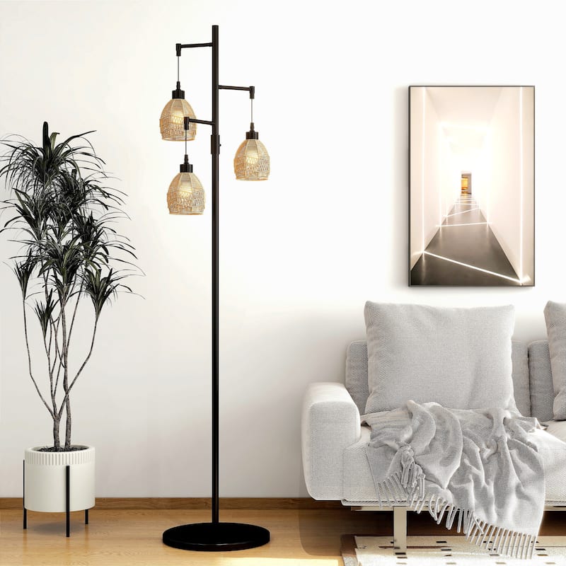 65" 3-Light Metal Floor Lamp With Rattan Cage Shades