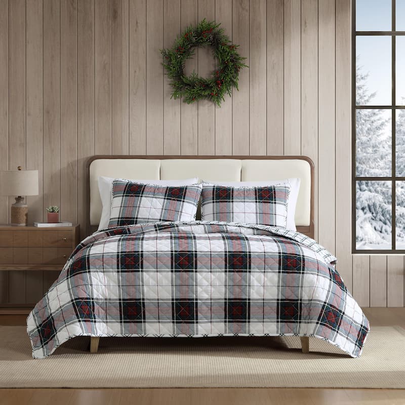 Eddie Bauer Holiday Plaid Flannel Red Reversible Quilt Set