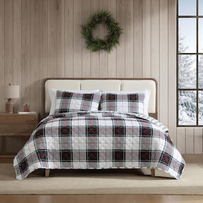 Eddie Bauer Holiday Plaid Flannel Red Reversible Quilt Set