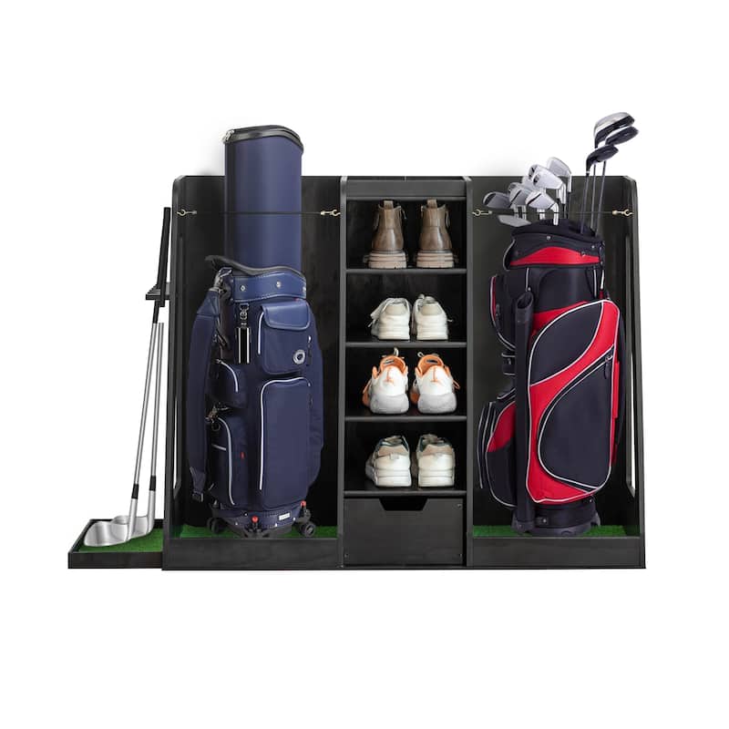 55.5"x16"x37" Wooden Golf Bag Storage Rack with Drawers - 2-Bag Organizer with Side Club Holders - 55.5" L x 16" W x 37" H