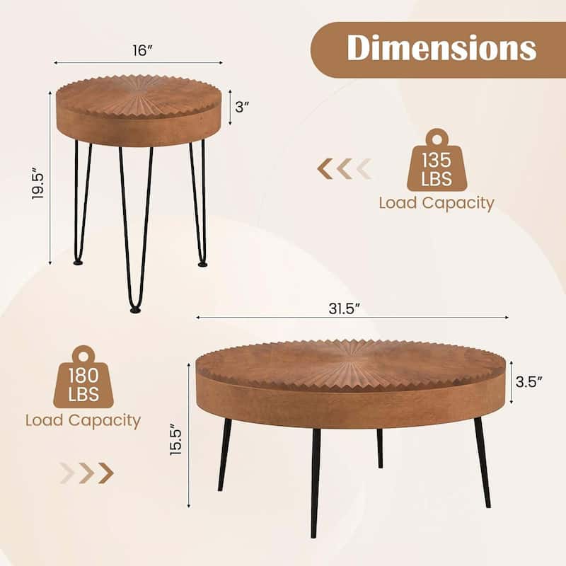 Set of 2 Boho Round Coffee Table Sofa Side Nesting Table w/ Wood Top