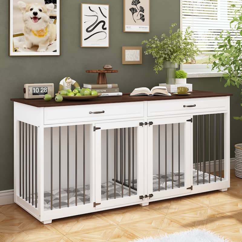 Modern Wooden Dog Crate Furniture with 2 Drawers, White and Brown
