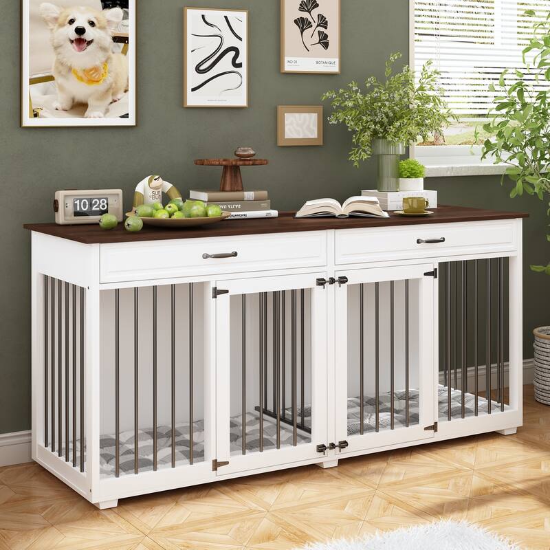 Wooden Dog Crate Furniture with Dual Compartments and Drawers - White