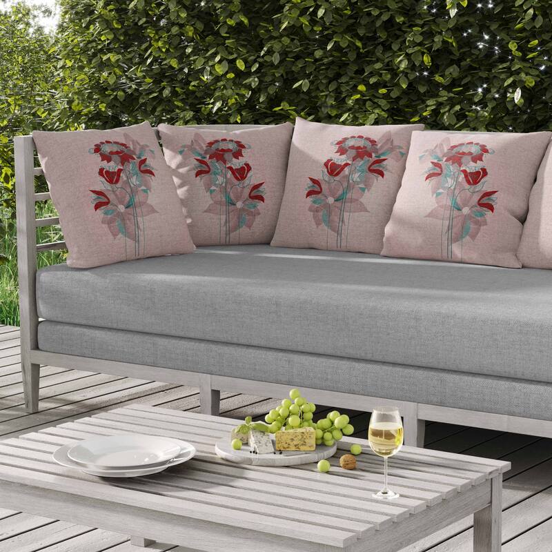 Flowers Line Art Indoor/Outdoor Reversible Throw Pillow Pink and Red