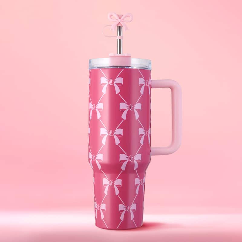 Juicy Couture Jetsetter Hydration Stainless Steel Tumbler with Handle and Straw With Topper - 40oz - Pink Bow Trellis