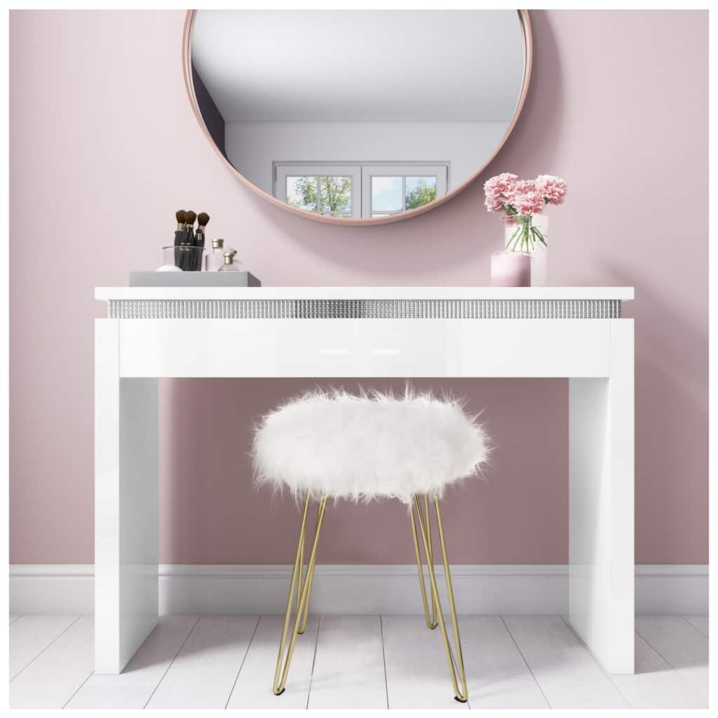 Fauxfur Foot Stool/Vanity Chair with Golden Metal Legs, Small Fuzzy Fluffy Round Ottoman Storage - 1 Pcs