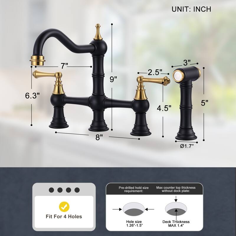 WOWOW Double Handle Bridge Kitchen Faucet with Side Sprayer