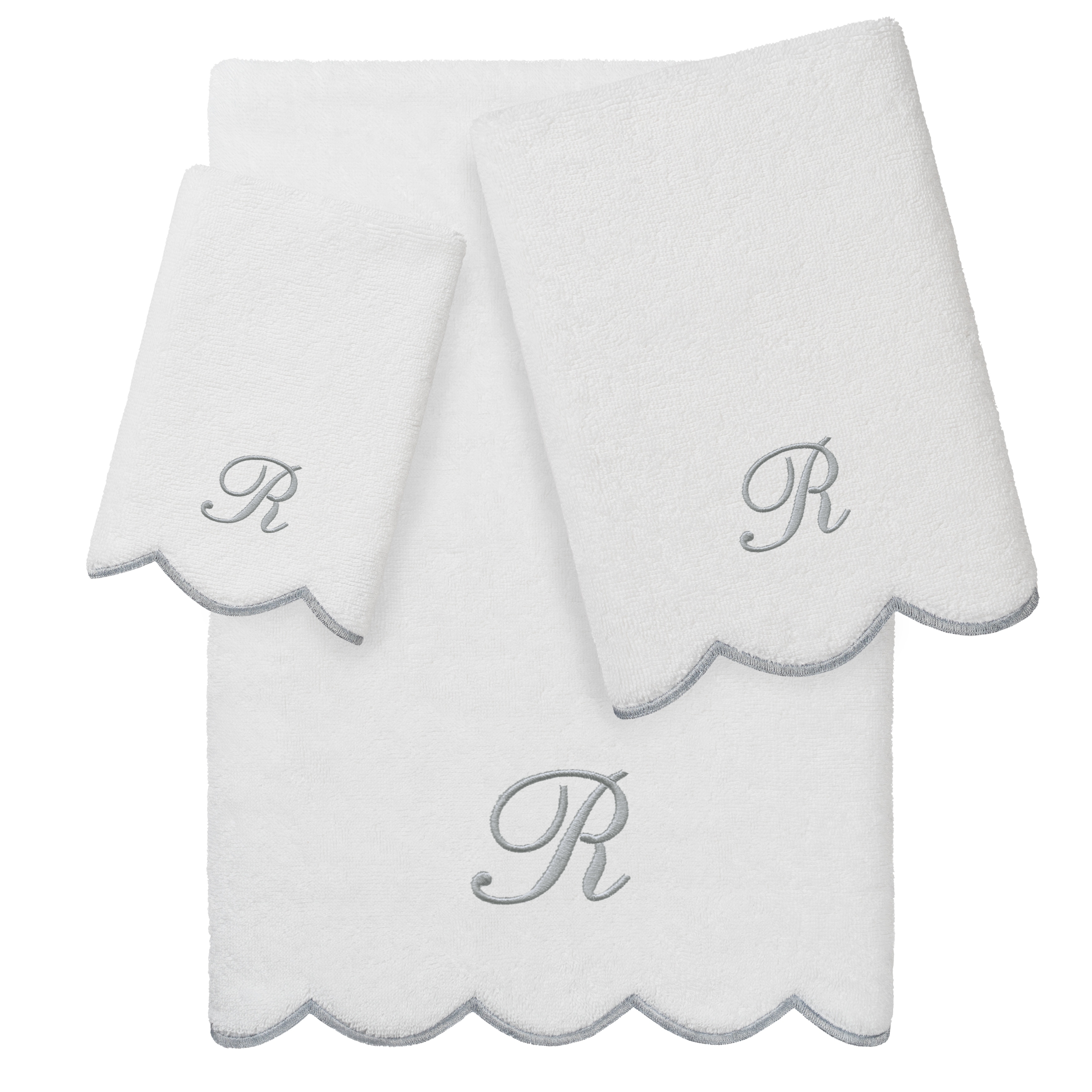 Authentic Hotel and Spa 100% Turkish Cotton Grey ADORNIA Scallop Personalized 3 Piece Towel Set - 3 Piece Set