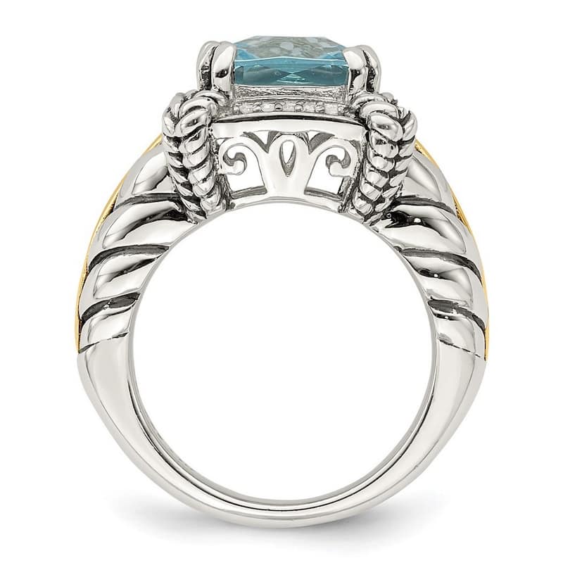 Curata 925 Sterling Silver Polished Prong set 14k Yellow 10mm Cush Sky Blue Topaz Diamond Ring