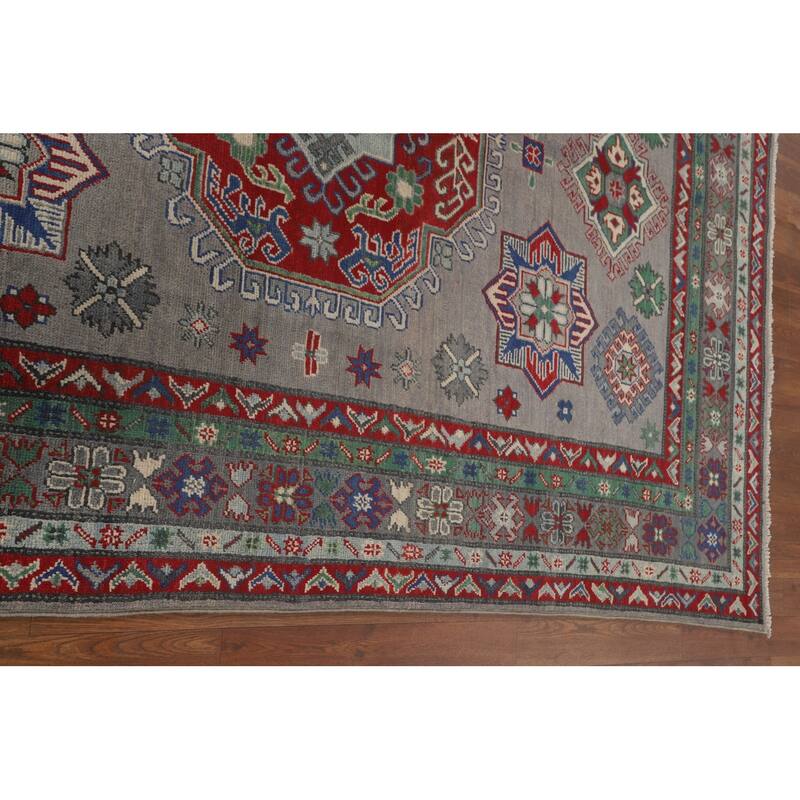 Geometric Kazak Area Rug Handmade Oriental Grey Wool Carpet - 5'6" x 7'9"