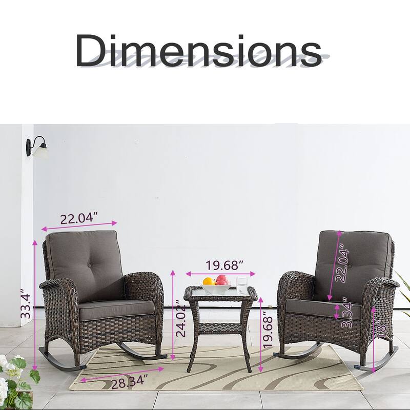 PlainCurve 3-Piece Wicker Outdoor Patio Conversation Set with Rocking Chairs and Olefin Cushions