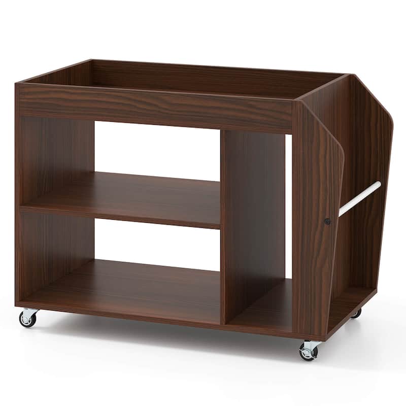 3-Tier Side Table Rolling End Table w/ Magazine Rack & Open Shelves - Walnut