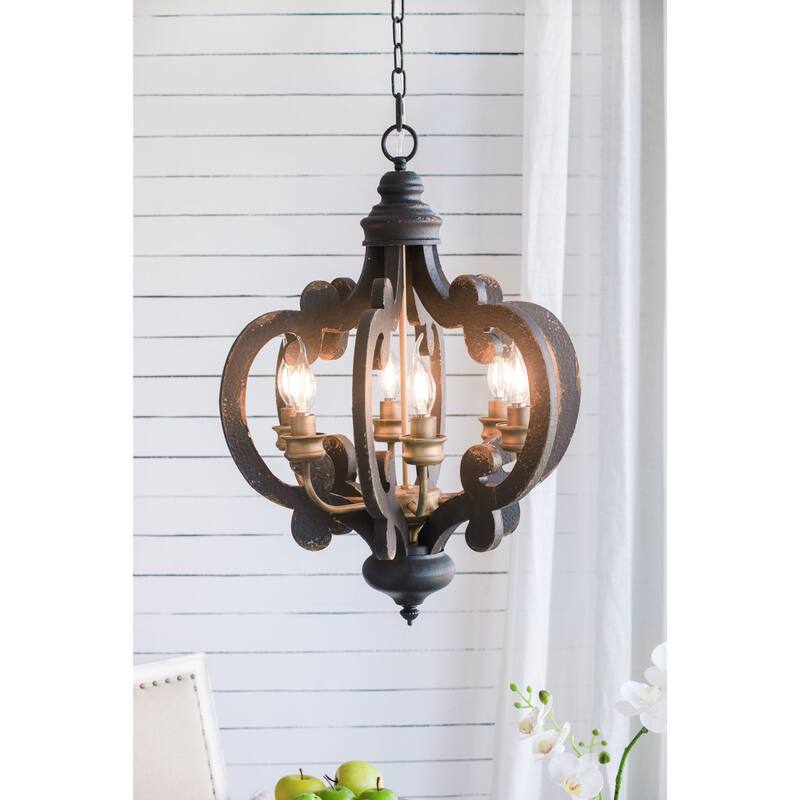 6-Light Wood Chandelier, Black Dining Room Light Fixture, Rustic Ceiling Lighting for Dining Room Kitchen Island Bedroom