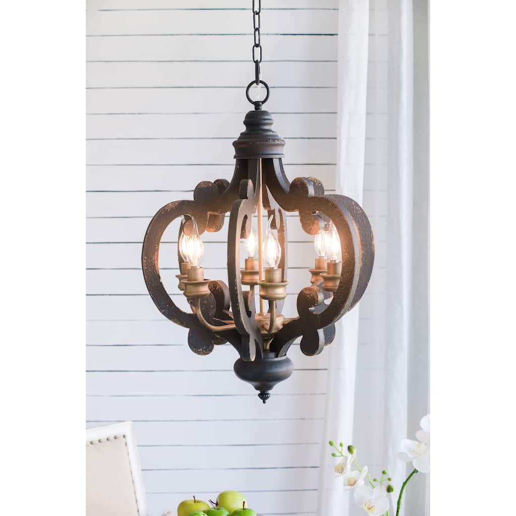 French Country Wood Chandelier, 6-Light Farmhouse Pendant Light Fixture with 28" Adjustable Chain, Bulb Not Included
