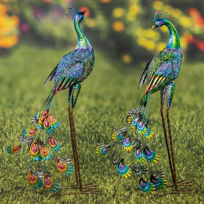 Set of 2 Standing Colorful Iron Peacocks