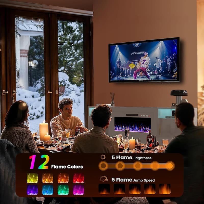 Bossin 80" Fireplace TV Stand with 36" Electric Fireplace, TV Stand for TVs Up to 90", 16 Colors LED Lights/Entertainment Center