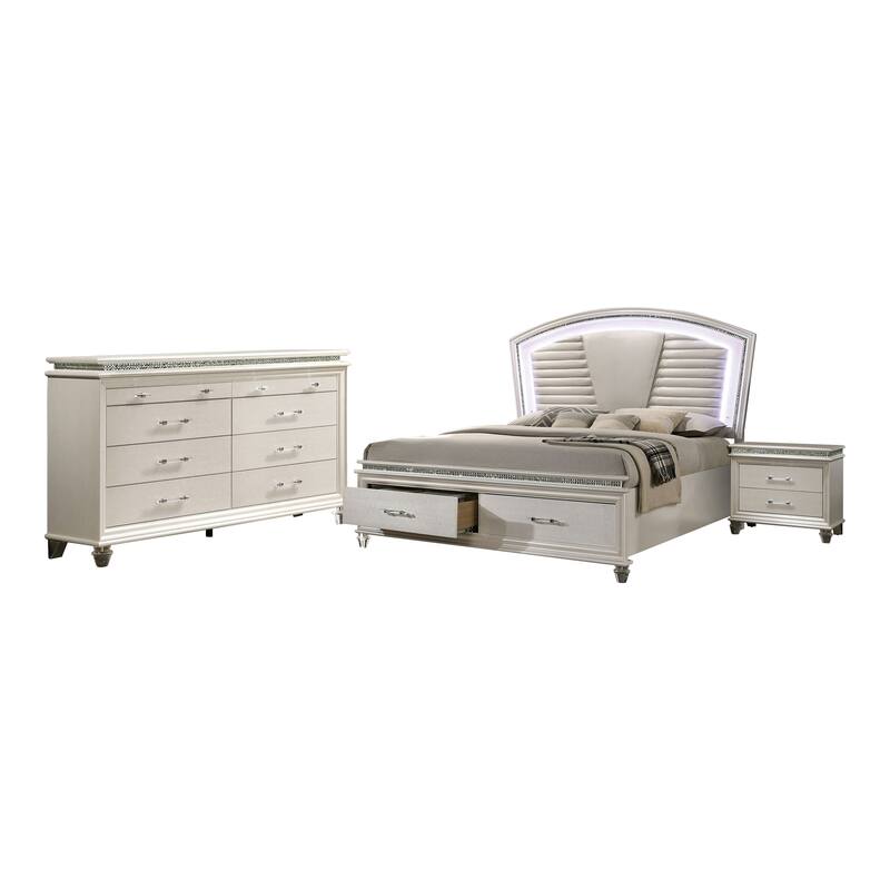 Xian Glam White Solid Wood 3-Piece Platform Bed with Nightstand and Dresser Set with LED by Furniture of America