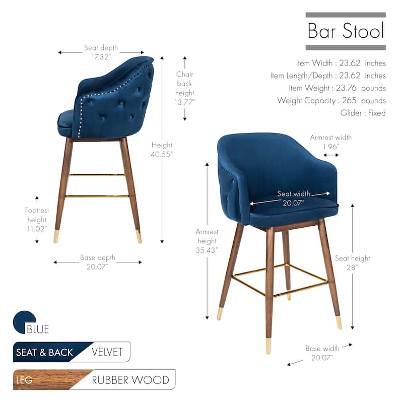 Porthos Home Orla Velvet Upholstered Bar Stools with Rubberwood Legs, Set of 2