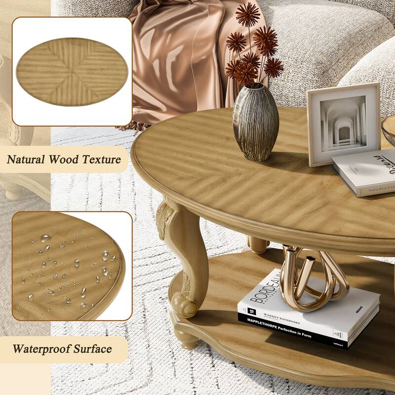 42 Inch Oval Wood Coffee Table with 2-Tier Open Shelf