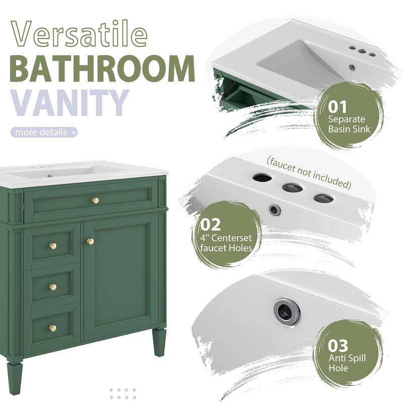 GDFStudio - Ravensden Modern Freestanding Bathroom Vanity Set with Ceramic Sink and Mirror Cabinet with a Tip-out Drawer - 30'W