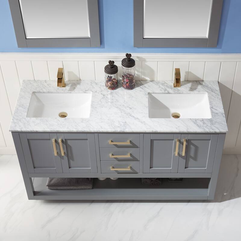 Altair Remi Double Bathroom Vanity Set and Carrara White Countertop with Mirror