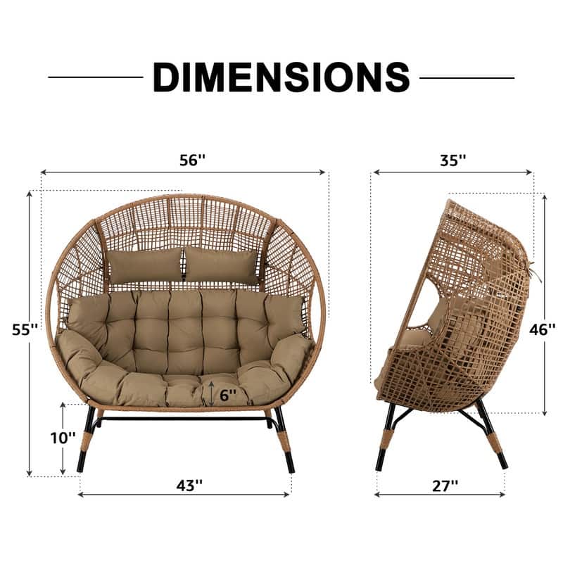 2-Person Papasan-Style Oversized Wicker Egg Lounge Chair with Cushions, Indoor/Outdoor