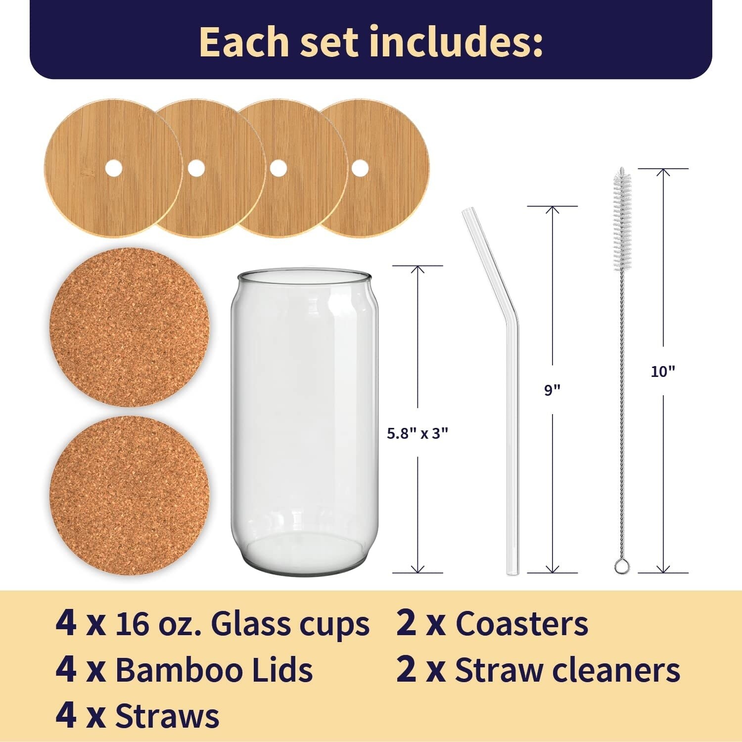 4 Scoozee Drinking Glasses w/ Glass Straws 16 oz BPA-Free Tumblers W/  Coasters