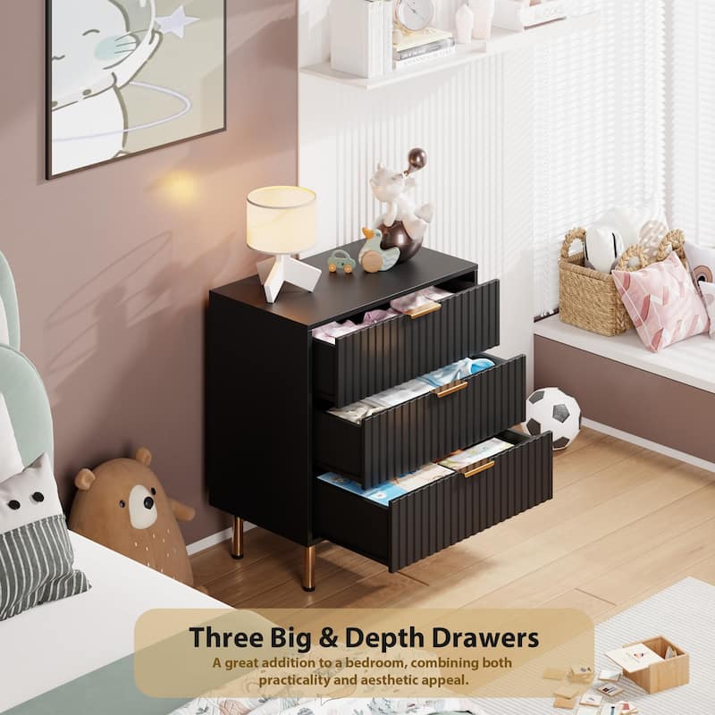 Fluted 3 Drawer Dresser for Bedroom, Modern Wooden Chest with Deep Drawers and Wide Top