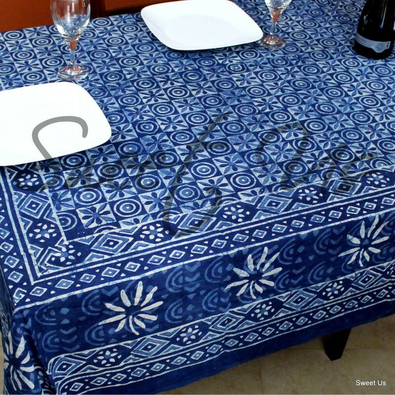 Cotton Hand Block Print Dabu Checkered Tablecloth Rectangle